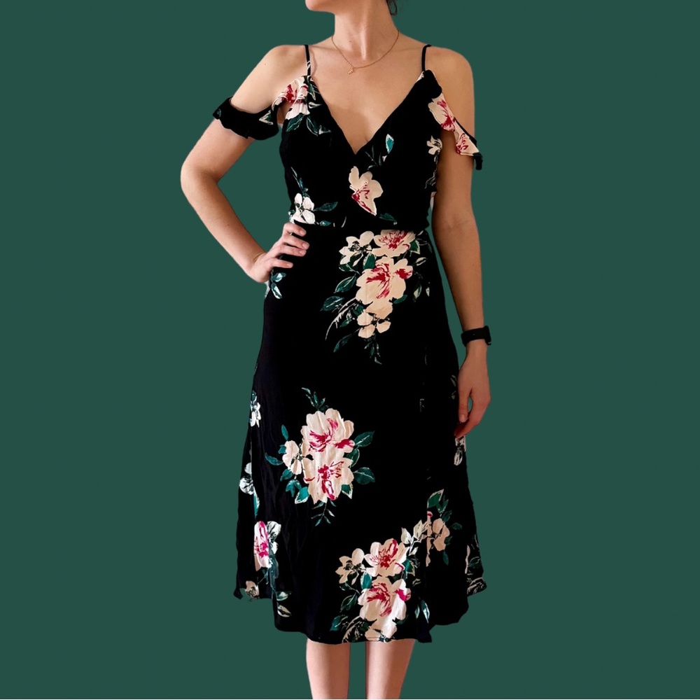 Dynamite black and floral off-the-shoulder wrap dress